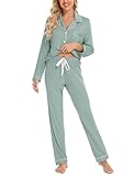 Leikar Button Up Pajamas for Women Long Sleeve Sage Green Pjs Set Soft Bridesmaid Sleepwear Lounge Set