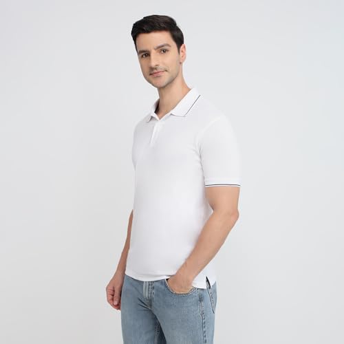 Image of Park Avenue Men Slim Fit Solid Pattern Cotton Polyester Blend Half Sleeve Polo Neck Casual T-Shirt