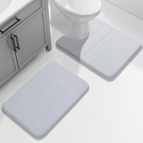 Image of Yimobra U-Shaped Toilet Bath Mat Set 2 Piece - Super Soft Absorbent Quick Dry Memory Foam Bathroom Rugs, Machine Washable Non Slip Floor Carpet for Tub Shower & Single Sink (17x24 & 24x20, Silver)