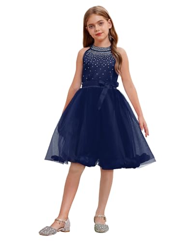 Xnihocha Vestido de princesa para niña, sin mangas, vestido de comunión con tutú, falda de tul, fiesta, boda, desfile, azul marino, 110-116