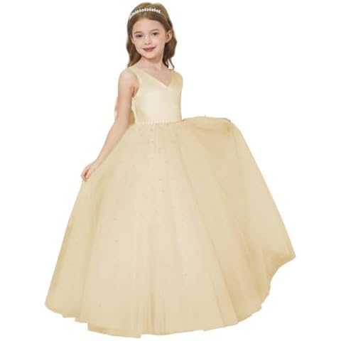 MCieloLuna Pearls Flower Girls Tulle Wedding Bridesmaid Party First Communion Dress for Girls Princess Ball Gowns with Bow-Knot Champagne Size 4 Cover