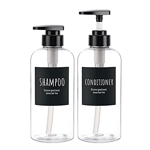 Image of Shampoo and Conditioner Bottles, Segbeauty 2 Pack 16.9oz Refillable Shampoo Bottles, 500ml Labeled Clear Shower Bottles Refillable, Large Empty Plastic Bathroom Soap Lotion Shampoo Dispenser with Pump