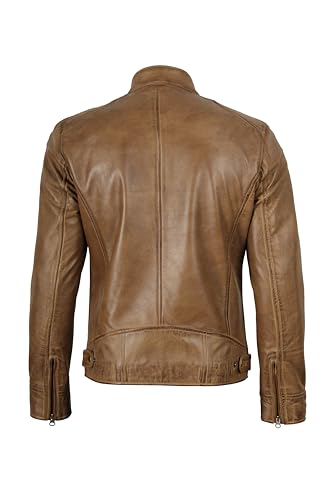 Image of fjackets Mens Leather Jacket - Real Lambskin Cafe Racer Jacket Stand Collar Moto Biker Zip Jacket For Men