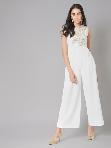 Image of Miss Chase Women's Halter Neck Sleeveless Solid Wide Leg Sequin Paneled Regular Length Jumpsuit