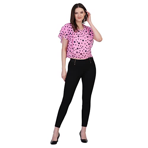 Image of Women's Pink dot Printed Ruffle Sleeve Top, Western Style, Round-Neck