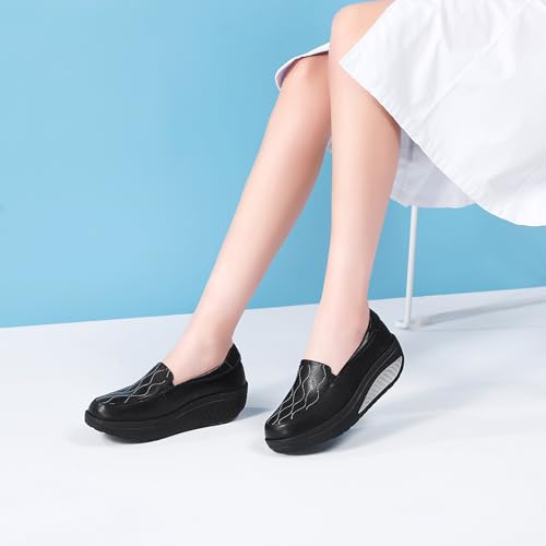 Image of Women's Leather Platform Slip On Nurse Loafers Comfortable Lightweight Wedge Orthotic Sneakers Casual Rocker Shoes