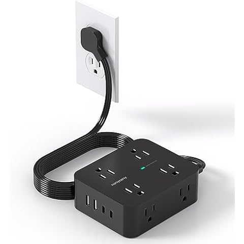 Power Strip Surge Protector, 5Ft Ultra Thin Flat Plug Extension Cord with Multiple Outlets, 8 Widely Outlet Extender with 4 USB Ports(2 USB C), 1080J Wall Mount for College Dorm Room Essentials Black Cover