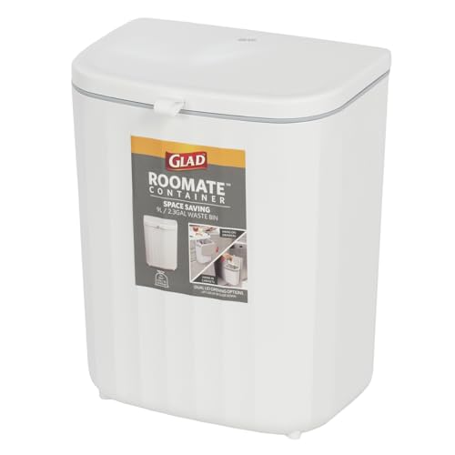 Image of Glad Roomate Under Counter Waste Bin | Space Saving Small Trash Can for Kitchen Cabinet, Bathroom or Office | Dual Lid for Ease of Opening, 9 Liter, White