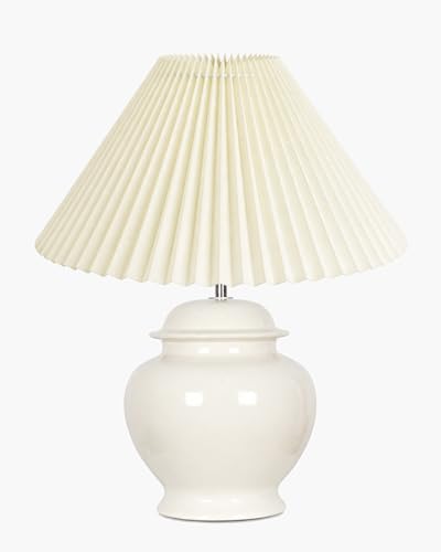 Image of Homesake White Ceramic Table Lamp for Bedroom Living Room,Incandescent,Modern Bedside Lamps Light,Nightstand for Home Office,Minimalist Nordic Style Accent Lighting Decor, (Off-White Pleated Shade)