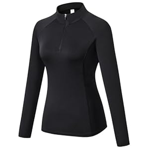 TERODACO Long Sleeve Running Top Womens Half Zip Thumb Loops UPF 50 Ladies Base Layer Top for Hiking Cycling Equestrian Gym Sports Riding Shirts Quick-Drying Breathability Wicking 506 Black S