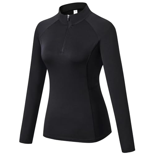 TERODACO Long Sleeve Running Top Womens Half Zip Thumb Loops UPF 50 Ladies Base Layer Top for Hiking Cycling Equestrian Gym Sports Riding Shirts Quick-Drying Breathability Wicking 506 Black S