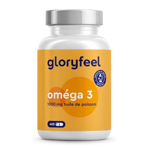 Gloryfeel - Oméga 3 Huile de Poisson Pure 400 Capsules, Hautement Concentré 1000mg, Acides Gras Essentiels EPA 180mg DHA 120mg, Fish Oil, Fonction Cardiaque, Soutien une Vision Normale*, Sans Additifs - -20%