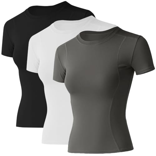 Image of Loovoo Women Workout Shirts, 1 /2 /3 Pack Short Sleeve Compression Tee | Tight Fit Gym Basic Tops, Athletic Quick Dry Crew Neck 4-Way Stretch, Flat Seams Ideal for Yoga, Gym, Running and Daily Wear