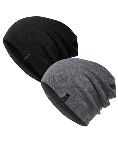 BIAOTN Wool Slouchy Beanies Hats Men 2Pcs Black Graphite Thin Slouch Carhart Beanie Women Men for Sleeping Running Workout for Mom Dad Wife Husband People with Cancer.