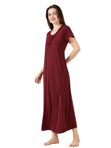 Image of 9shines Label Stylish Soft Modal Maxi Nighty | Honeymoon Nighty | Full Length Trendy Nightgown | V-Neck Lace | Premium Nightdress | Soft Long Nightdress | Maxi Gown Nightwear for Women (Malai Satin)