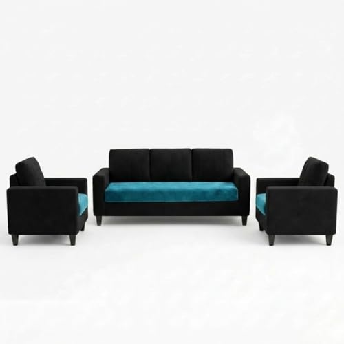 Image of Hendrick Plush Velvet 3 Seater + 1 Seater + 1 Seater Sofa Set | Silken Velvet Upholstery | Golden Legs | Designer Set for Living Room & Office Spaces (Black & Aqua Blue)