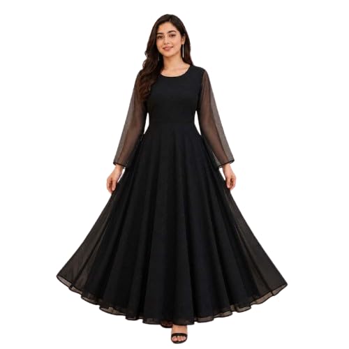 Women's Georgette Anarkali Gown with Stone Diamond Work Full Length Flared Dress Round Neck Full Sheer Sleeves Gown-image-41