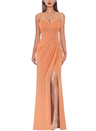 Image of VFSHOW Womens Sexy Formal Ruched Fitted High Slit Bodycon Maxi Dress Spaghetti Strap Sweetheart Cocktail Prom Evening Gown