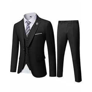 Hihawk Men’s 3 Piece Suit with Stretch Fabric, Solid Slim Fit One Button Suit Blazer Set, Jacket Vest Pants with Tie.