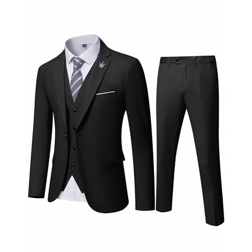 Hihawk Men’s 3 Piece Suit with Stretch Fabric, Solid Slim Fit One Button Suit Blazer Set, Jacket Vest Pants with Tie.