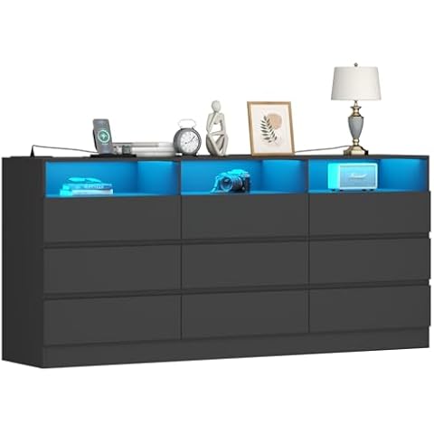 Gyfimoie 9 Drawer Dresser with Power Outlet and LED Light, Modern Storage Dresser for Bedroom, Living Room Cover