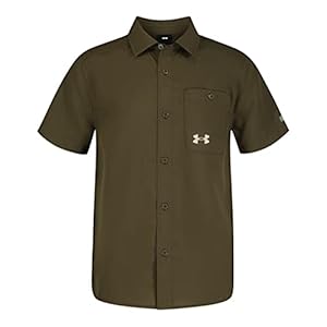 Under Armour Boys’ Outdoor Short Sleeve Shirt, Woven Button Down, Collared Neckline, Marine OD Green-OD