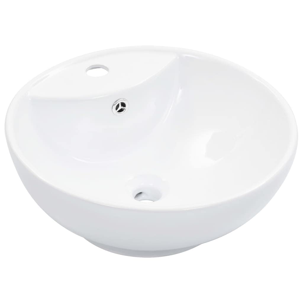 Ceramiczna umywalka nablatowa z przelewem i otworem na kran 46,5 x 18 cm umywalka do łazienki, okrągła, biała, z funkcją odpływu