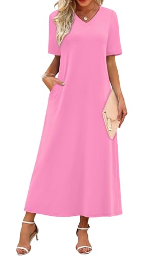 WIHOLL Spring Summer Vacation Dresses for Women Tropical 2026 Loose V Neck Sundresses with Pockets Pink 2XL