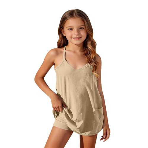 Summer Dress Sets for Girls 2026 Fashion Athletic Spaghetti Strap Tops Tennis Shorts Beach Casual (Khaki, 2-3 Years)