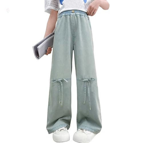 Teen Girls Jeans Wide Leg Wave Stitching Denim Pants with Pocket Baggy Casual Elastic High Waist Fashion Trousers 4-14Y