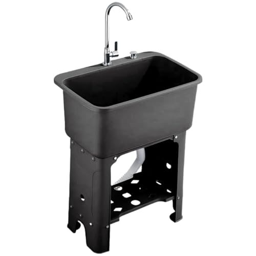 Fiegcit 流し台 キッチンシンク ガーデンシンクプラスチックシンクアクセサリー付き大容量シンク シングルシンク水栓付き 取付屋外、屋内、ガレージ、 ガーデニング 、バーベキュー 用 (デラックスラージブラックランドリーシンク + 蛇口 + ホース)