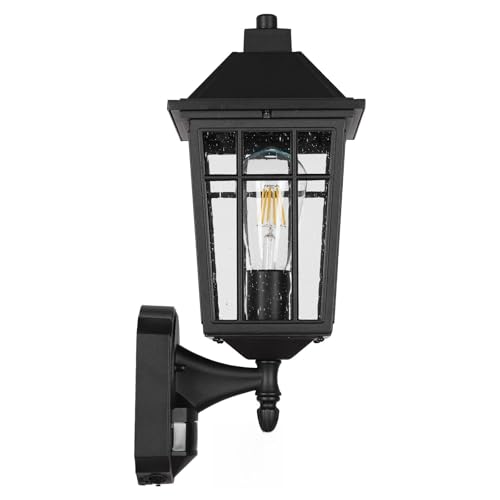 Image of JYZ 16 inch Motion Sensor cOutdoor Wall Light Fixtures, Anti-Rust Aluminum Wall Sconce with Seeded Glass, E26 Socket Waterproof Exterior Lighting, Matte Black Wall Lantern for Porch, Garage, Yard
