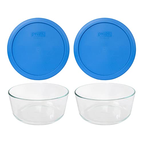Image of Pyrex 7203 7 Cup Glass Bowls & 7402-PC Marine Blue Food Storage Replacement Lids (2-Pack) - Made in USA