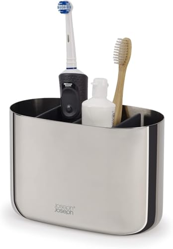 Joseph Joseph EasyStore Luxe - Porte-brosse à dents en acier inoxydable, Rangement de salle de bain- Grand, Acier Inox