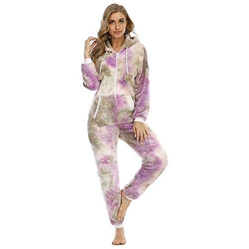 Generisch Mono de felpa de una pieza para mujer, de forro polar, mullido, con técnica Tie-Dye Onesie, mono largo, cómodo traje de casa, traje de dormir mullido, suave, O Verde, M