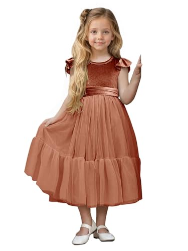 Velvet Tulle Flower Girl Dress for Wedding Kids Round Neck Princess Pageant Dress Boho Bow-Knot Long Prom Ball Gowns