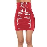 PVC Leather Tight Mini Skirt High Waist Belted Bodycon Skirt Office Ladies Hobble Skirts (Red,Large)