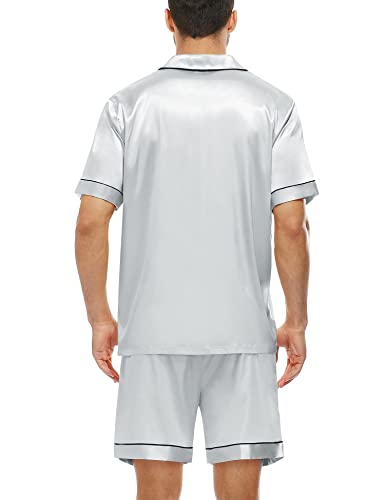 Image of SWOMOG Men Satin Silk Pajamas Sets Short Sleeve Sleepwear Button-Down PJs Sets Two-Pieces Loungewear with Pockets Gray