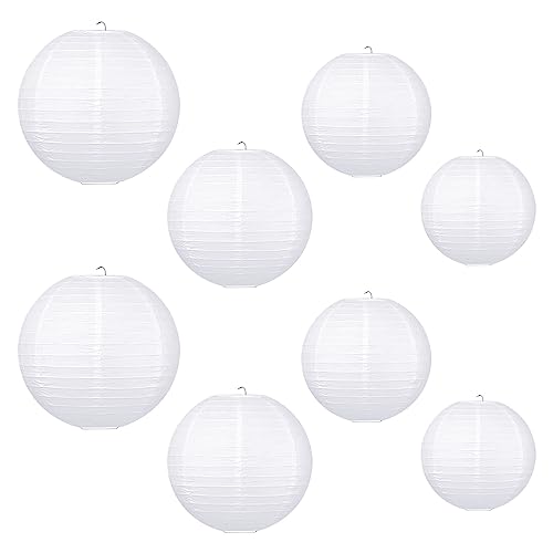 EACHPT 8 Stück Papierlaterne Weiß Lampions Papier Laterne Deko Weiss 25/20/15/10cm Hängende Papierlampion Rund Lampenschirm für Papierlaternen für Party Hochzeit Geburtstag Weihnachten Basteln
