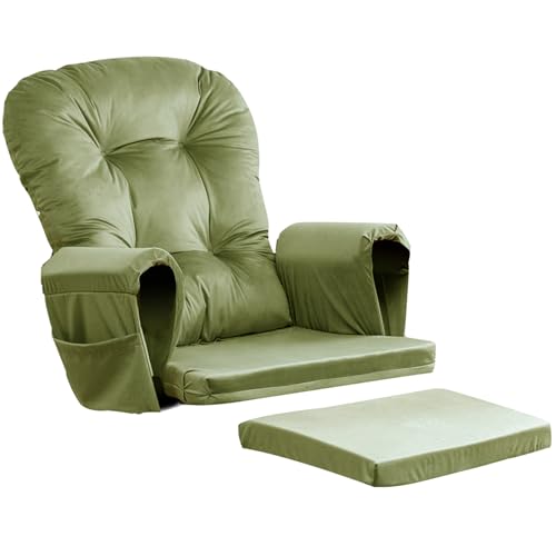Osunnus 5PCS Glider Rocker Replacement Cushions Thick Soft Velvet Glider Cushions Replacement Set with Ottoman Cushion and Storage Pockets, Matcha Green