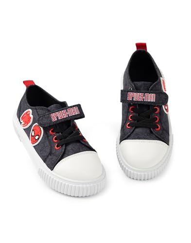 Marvel Spider-Man Boys' Black, Red & White Trainers | Kids Lace Up Hook and Loop Footwear | Spiderman Web Pattern Sports Shoes