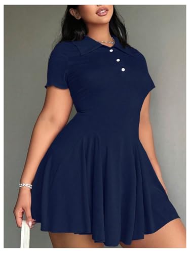 Image of RoseSeek Women's Plus Size Ribbed Knit Golf Dress Button Front Short Sleeve A Line Collared Shirt Dresses