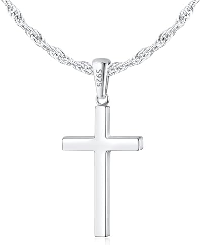 925 Sterling Silver Cross Necklace for Men, 18k Gold Plated Sterling Silver Cross Necklace with 2.5mm Top Craftsmanship Rope Chain for Men Boys Women, Sturdy Shiny Non Tarnish 16-26 Inch