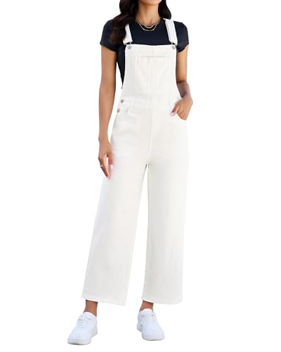 luvamia Wide Leg Overalls for Women Denim Loose Fit Baggy Bib Adjustable Cropped Casual Stretchy Jean Jumpsuit Overall Cream White Size X-Large Fits US 16-18