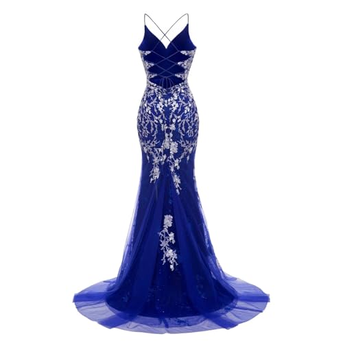Image of Long Spaghetti Straps Tulle Mermiad Prom Dress V Neck Lace Appliques Formal Dress with Slit SF203