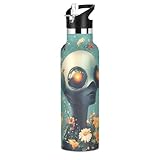 Cartoon Aliens Science - Fiction and Fantasy Style Lightweight Sports Water Bottle with Leak Proof Spout Lid Double Wall Vacuum Insulated Bottles for Travel, Camping, Bike