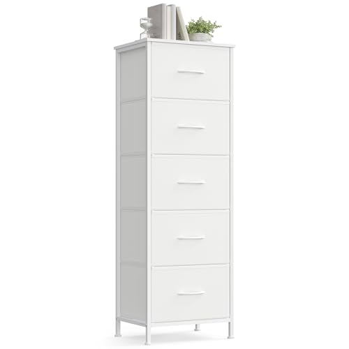SONGMICS Cómoda, 5 Cajones de Tela, Acero, MDF, Tela no Tejida, para Dormitorio, Armario, Pasillo, Salón, Blanco Nube y Blanco Nieve LGS315WH01