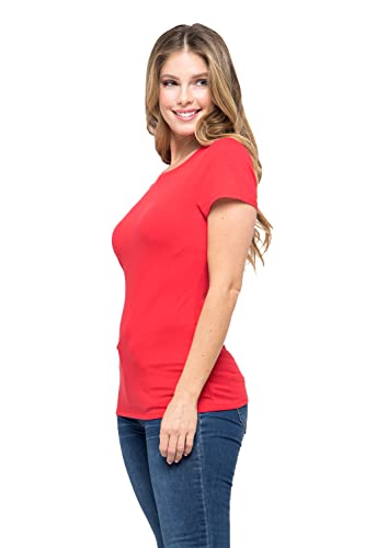 Women's Basic Solid Active Soft Cotton Short Sleeve Crew Neck Slim Fitted Top T-Shirts In Red - L #TOP1