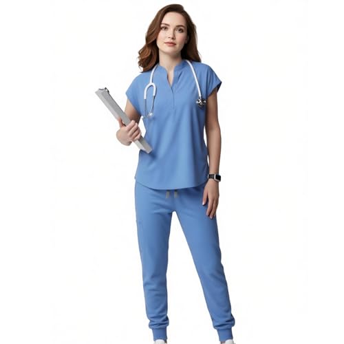 RAYGARD Ceil Blue Women Scrub Set - Sleeveless Mandarin Collar Scrub Top & Jogger Pants with 7 Pockets for Nursing Medical Uniform (Size Small)
