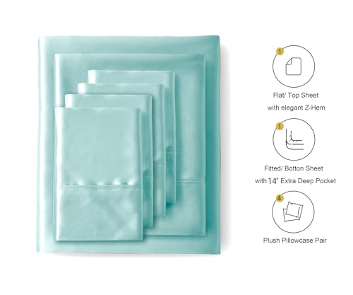 Image of Lanest Housing Silk Satin Sheets, 6-Piece Queen Size Satin Bed Sheet Set with Deep Pockets, Cooling and Soft Sheets Queen - Aqua